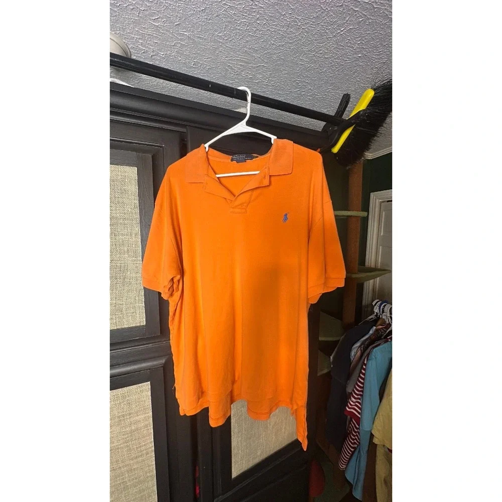 Polo Ralph Lauren short sleeve orange with aqua blue pony collar wear side torn